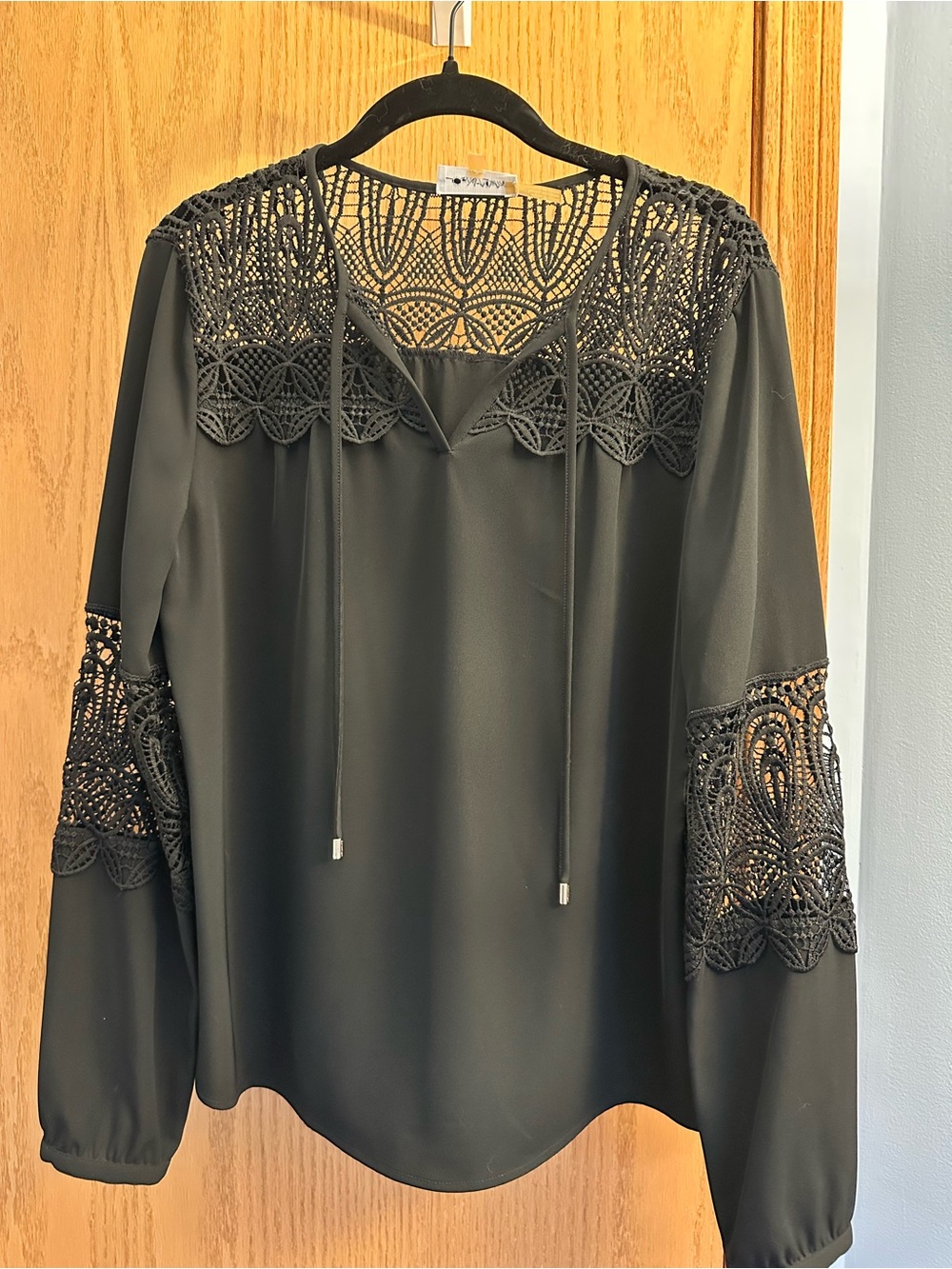Calvin Klein Black Crochet-Yoke Long Sleeve Blouse